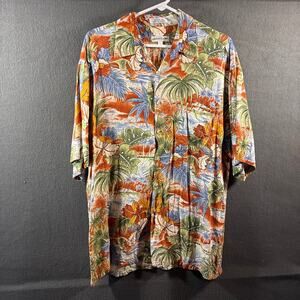 VTG Men Hawaiian shirt large floral palm tree beach vacation resort white lotus